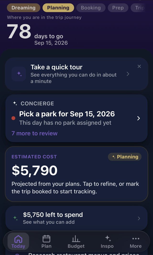 MagicCost Planner Today screen with trip countdown, concierge next steps, and estimated cost